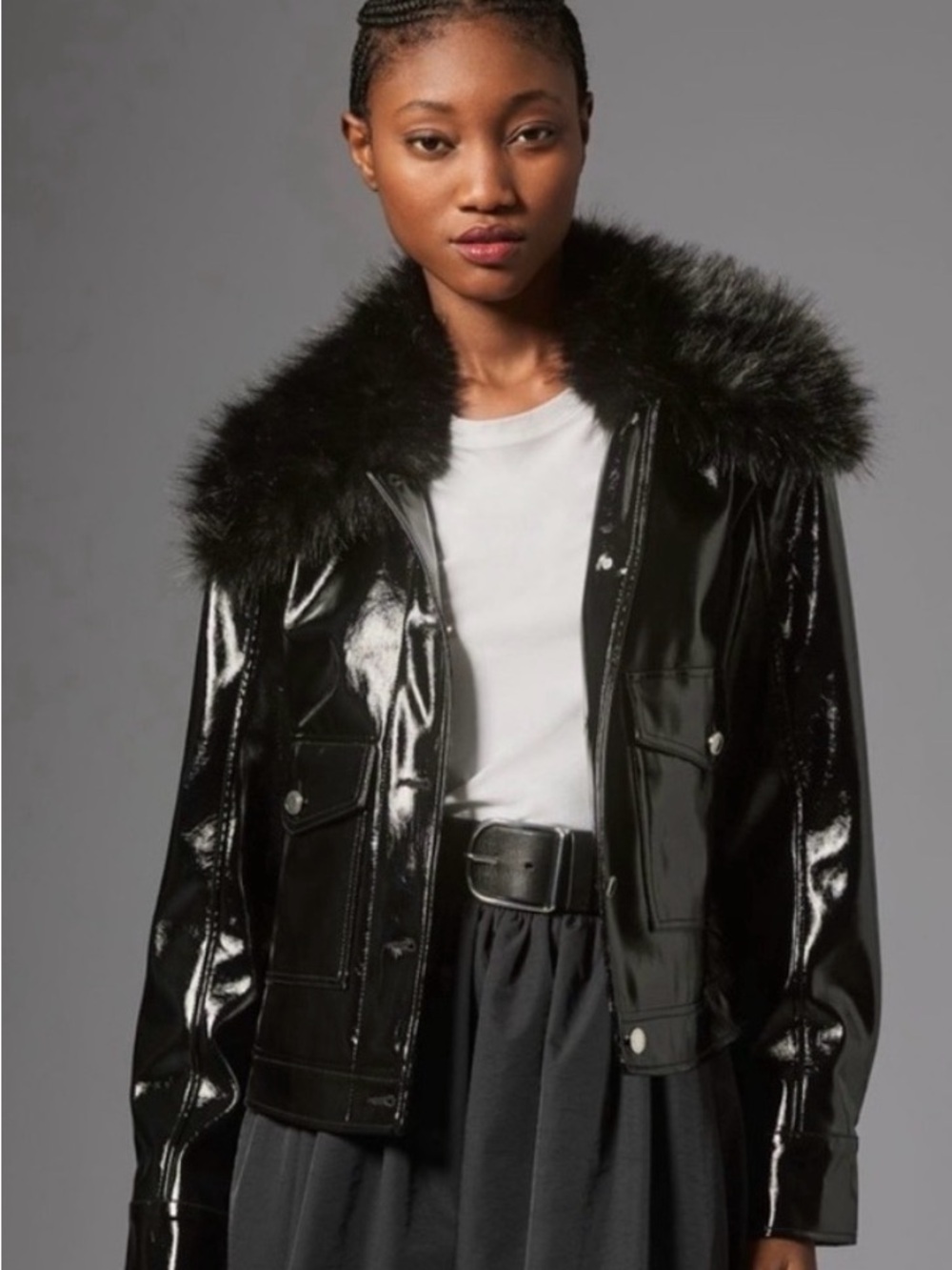 Black Patent Faux-Fur Collar Jacket